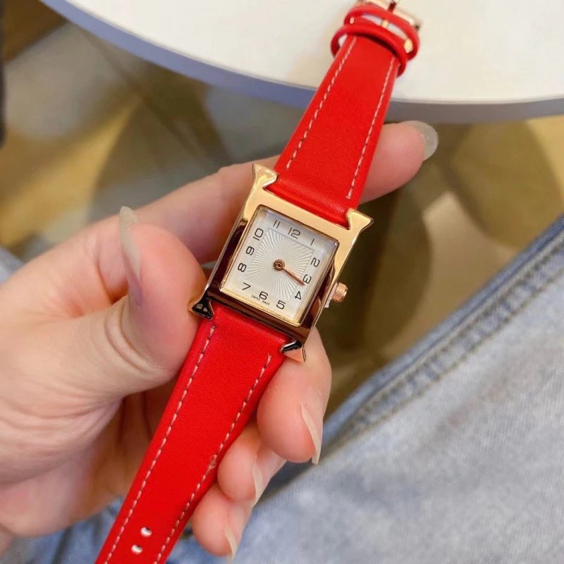 Unbranded Watches Square H-shaped case analog watch with stitched strap — Red