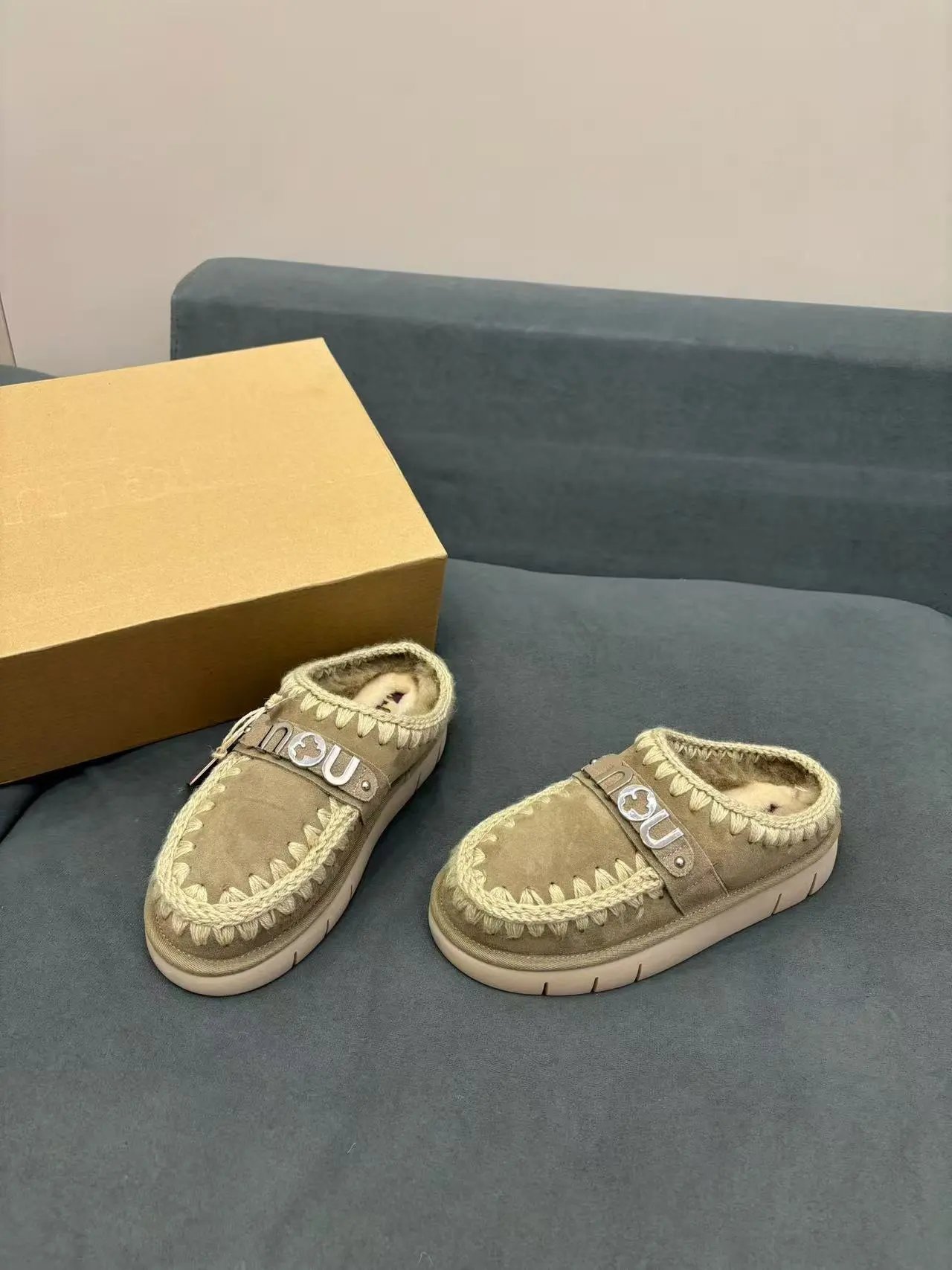 MOU Slippers Fur-Lined Embroidered Slip-On Mules — Camel color