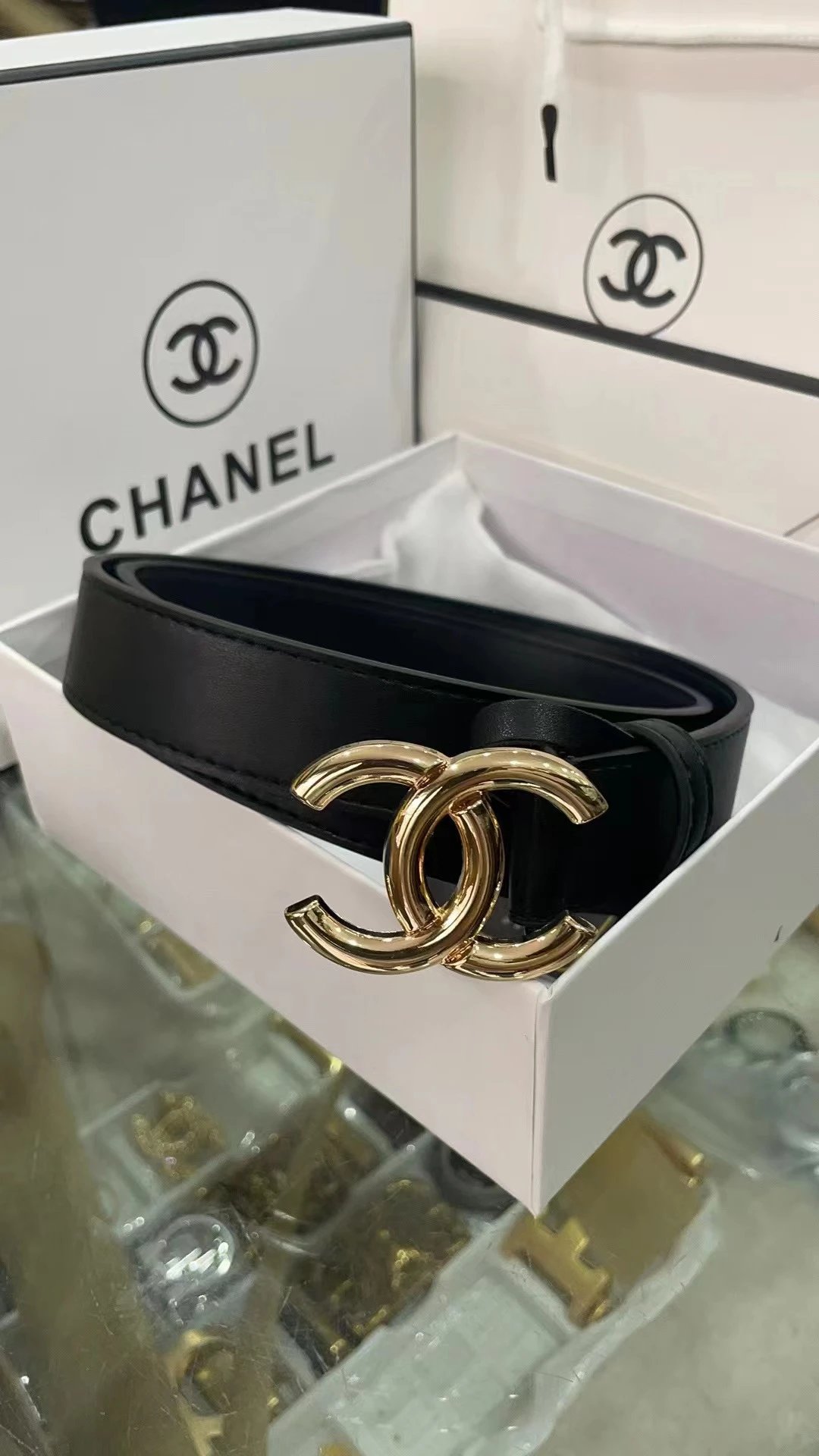 Chanel Belts Rhinestone Interlocking CC Buckle — Gold buckle black belt