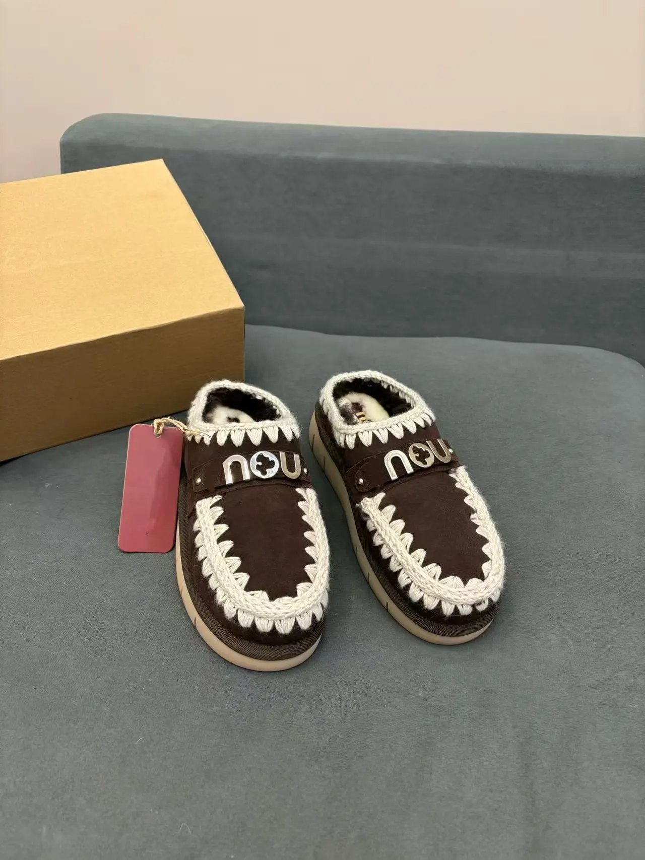MOU Slippers Fur-Lined Embroidered Slip-On Mules — Coffee color