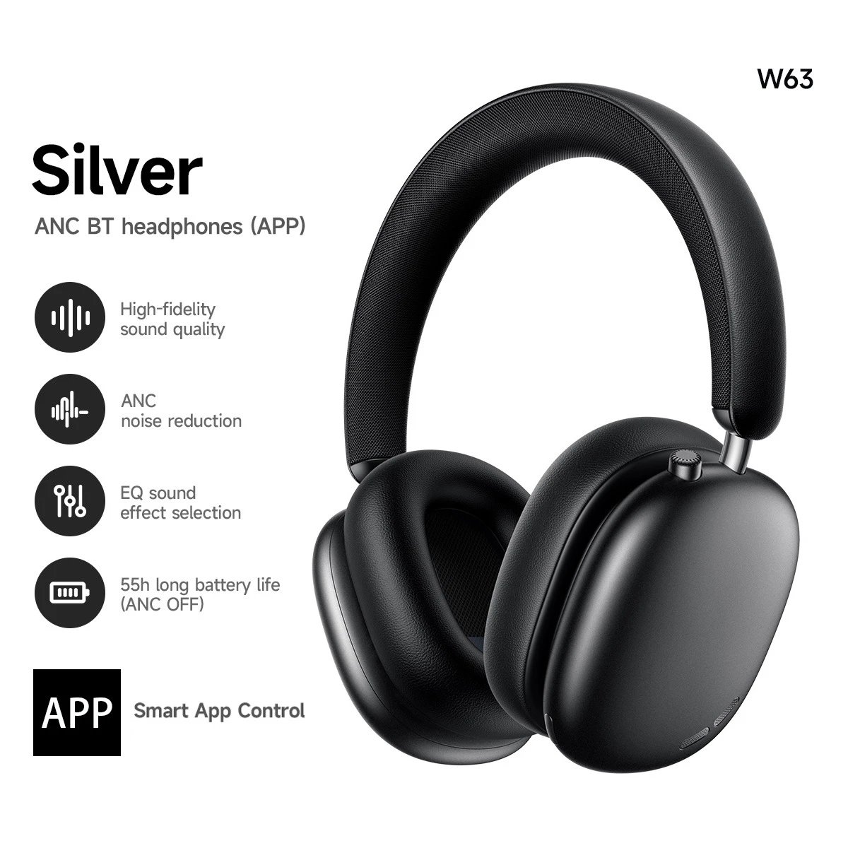 BOROFONE Headphones BO22 Wireless Bluetooth Over-Ear — W 63 Black【ANC Noise cancellation+APP Operation】