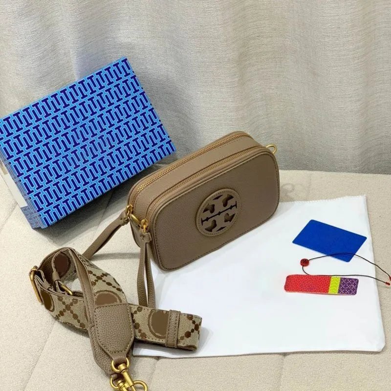 Tory Burch Crossbody Bags Small double-zip logo camera bag with adjustable wide strap — Khaki
