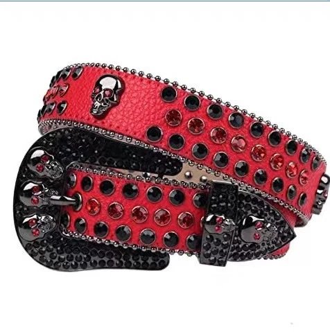 b.b. Simon Belts Rhinestone-studded belt with oversized buckle — Skull with a red band on its body