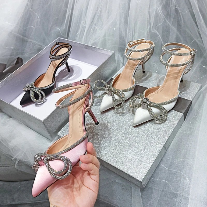 Unbranded High Heels Pointed-Toe Rhinestone Bow Ankle-Strap Stiletto Sandals product image