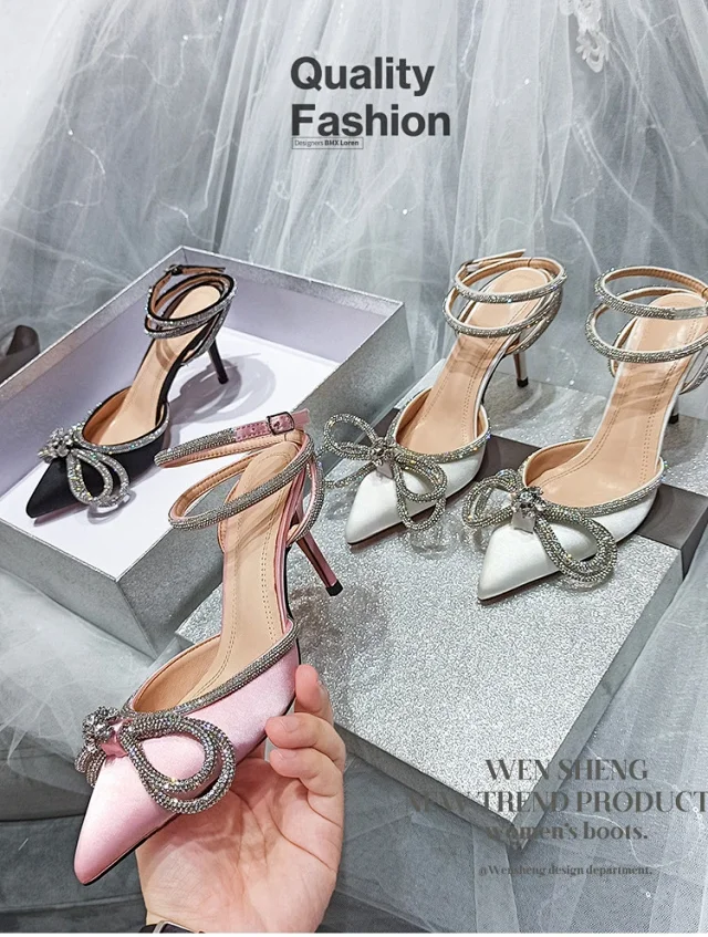 Unbranded High Heels Pointed-Toe Rhinestone Bow Ankle-Strap Stiletto Sandals product detail image 1