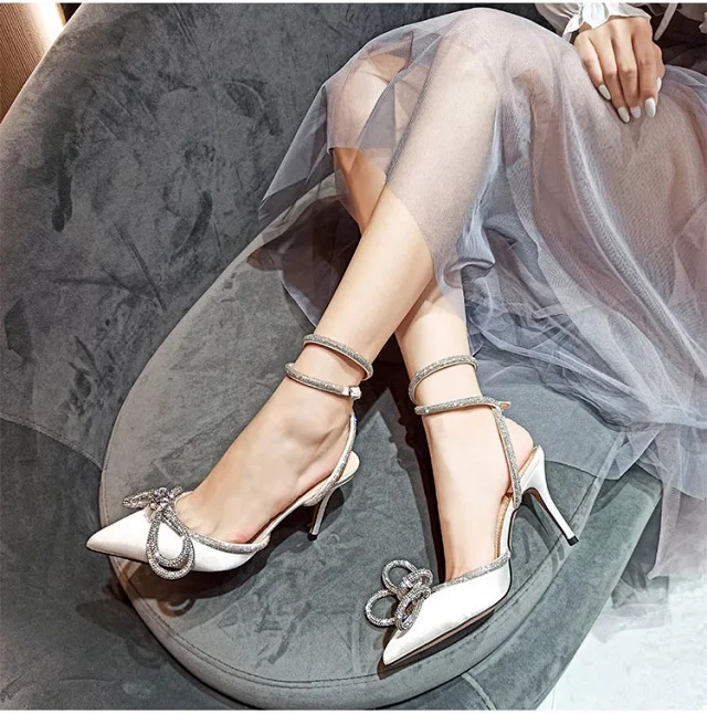Unbranded High Heels Pointed-Toe Rhinestone Bow Ankle-Strap Stiletto Sandals product detail image 9