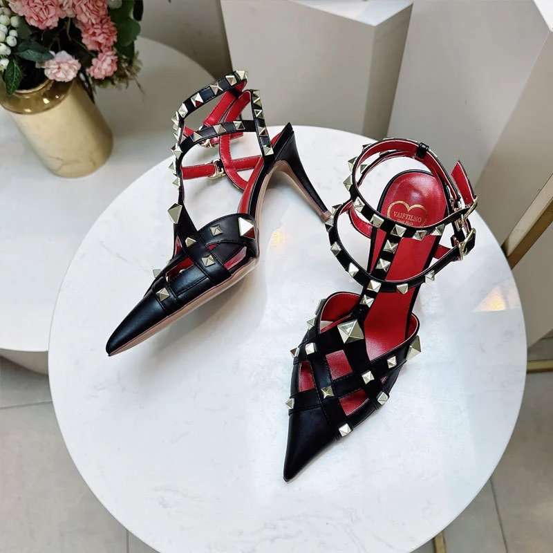 Valentino Garavani Sandals Rockstud pointed-toe caged ankle-strap high-heel — Black 8cm