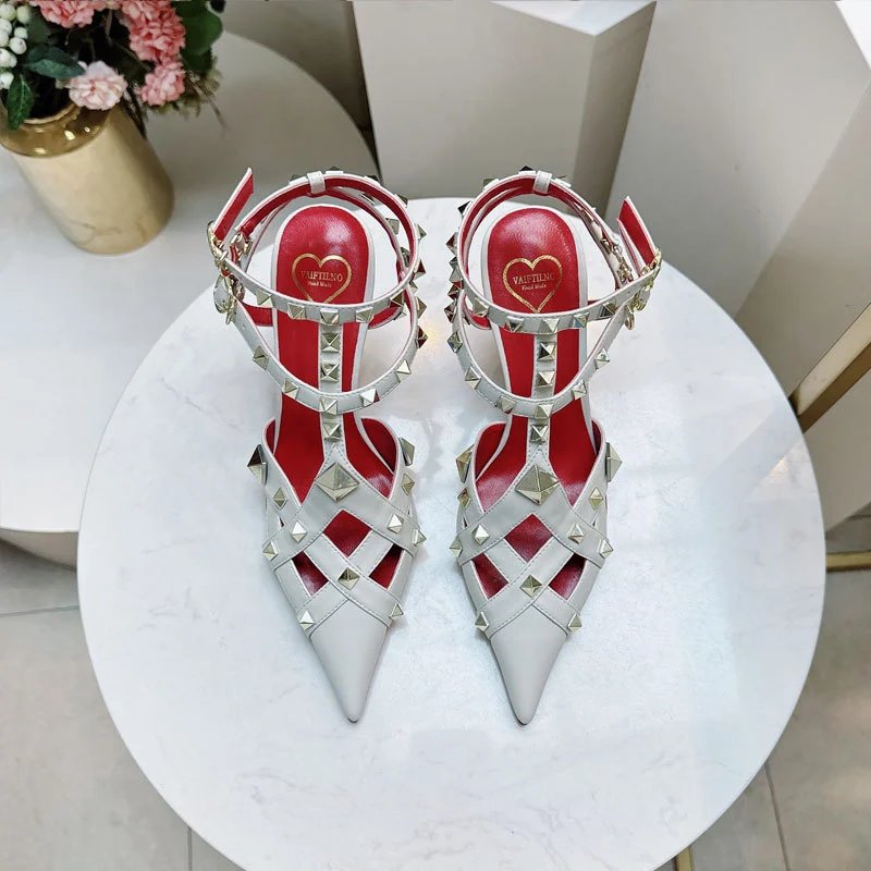Valentino Garavani Sandals Rockstud pointed-toe caged ankle-strap high-heel — White 6CM