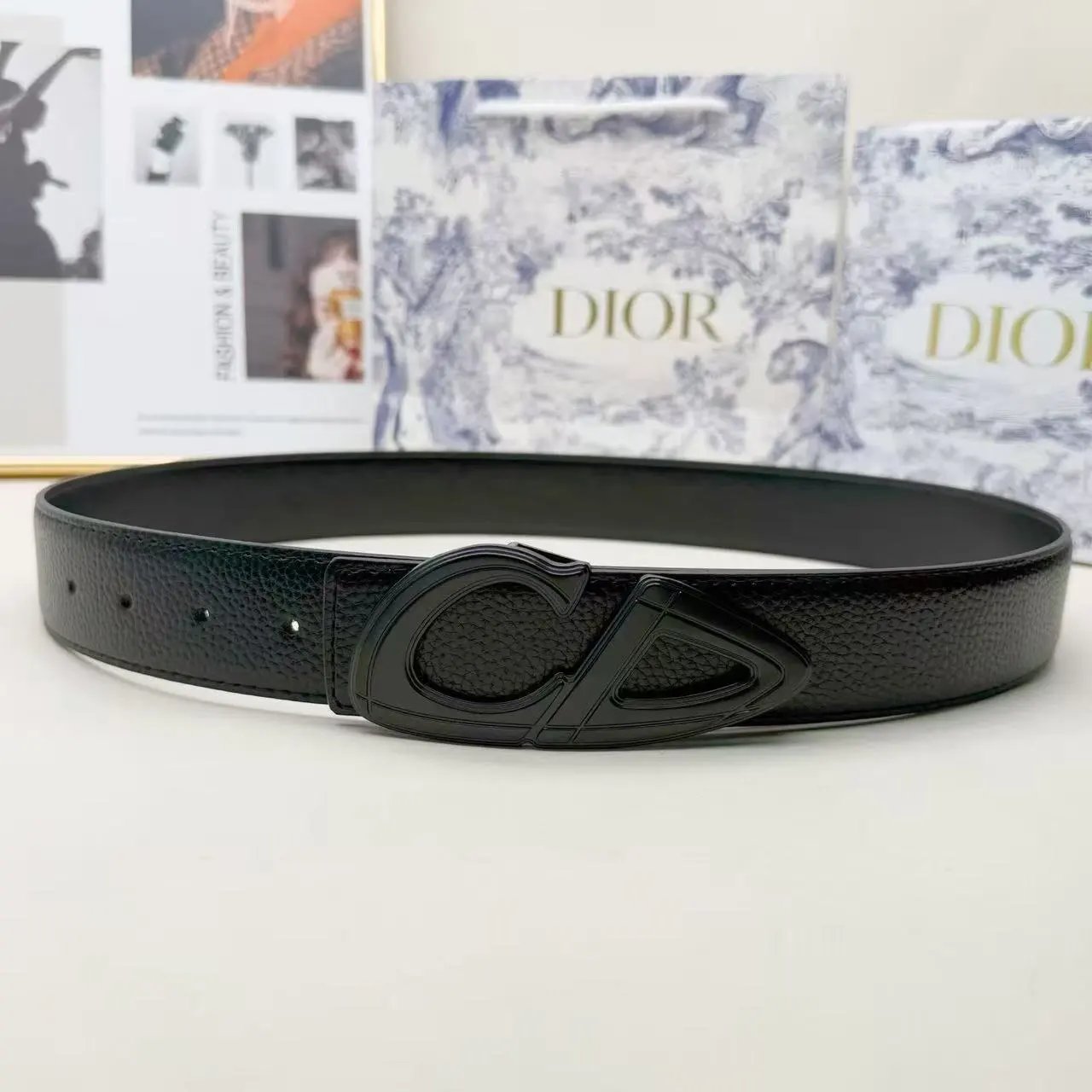 Dior Belts CD Buckle Pebbled Leather Belt — 3.8 Black lychee buckle