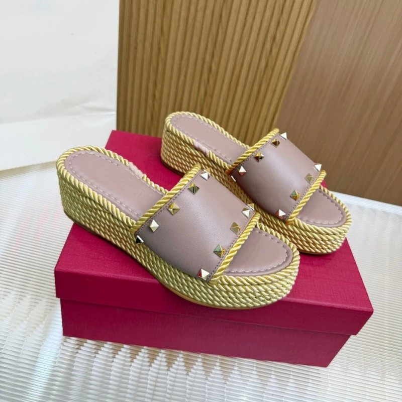 Unbranded Sandals Studded woven-rope platform slide — Lotus pink