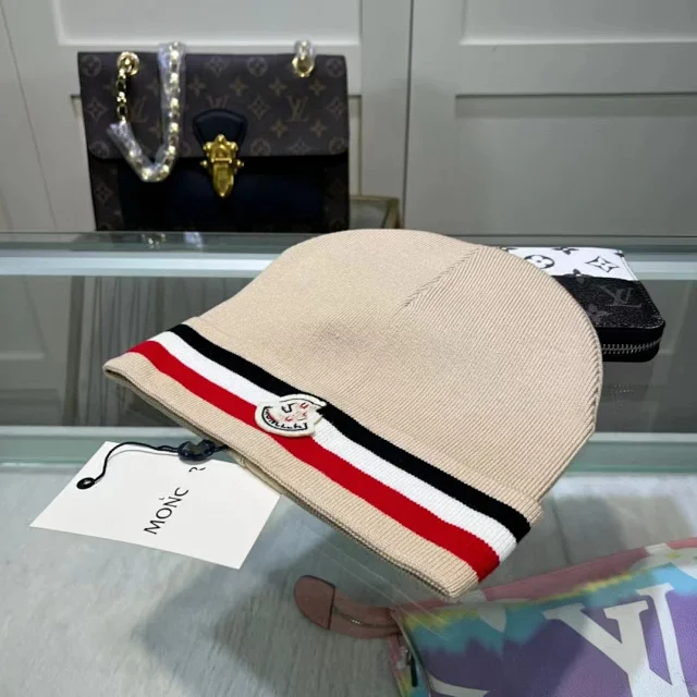 Moncler Hats Knitted beanie with tricolor stripe and logo patch product detail image 7