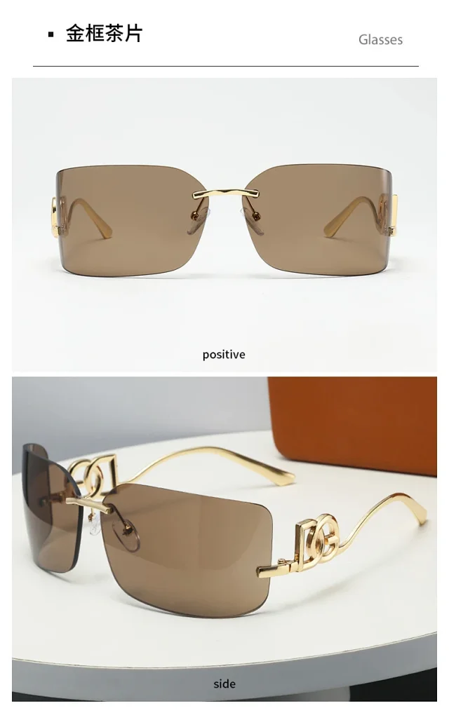 Unbranded Eyewear Rimless rectangular sunglasses with geometric metal temples product detail image 12