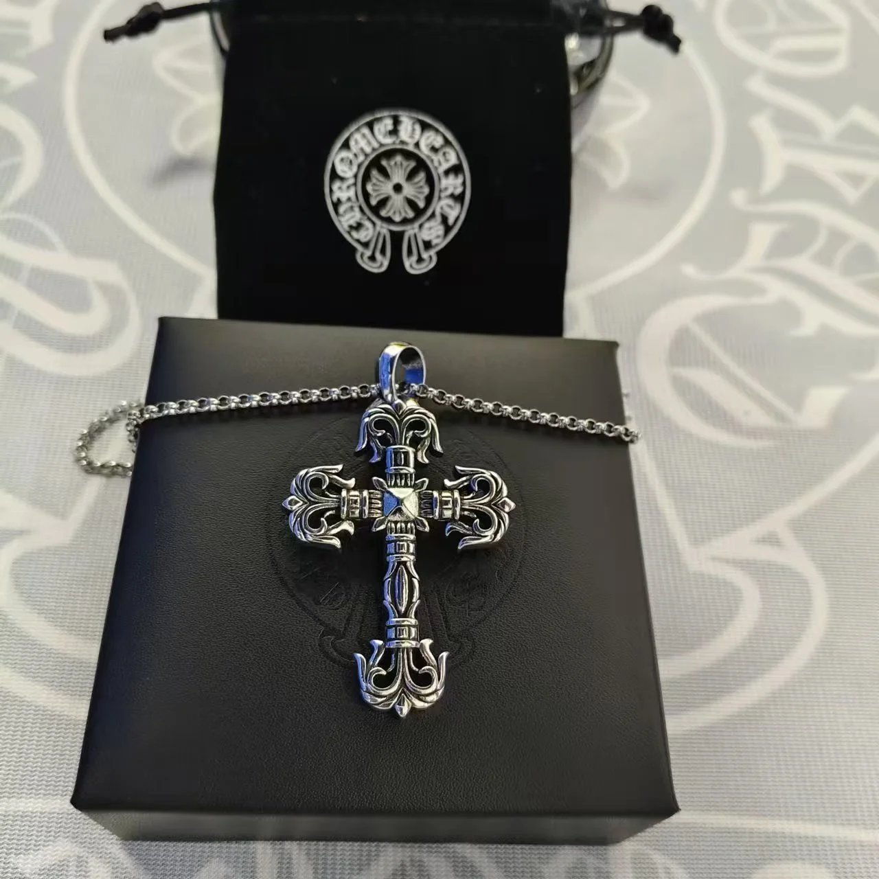 Chrome Hearts Jewelry Gothic Cross Pendant Necklace — Large flame cross with pearl chain