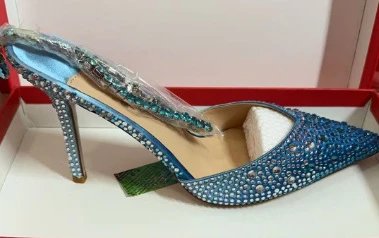 Unbranded High Heels Rhinestone pointed-toe ankle-strap stiletto — JC Blue 10 CM