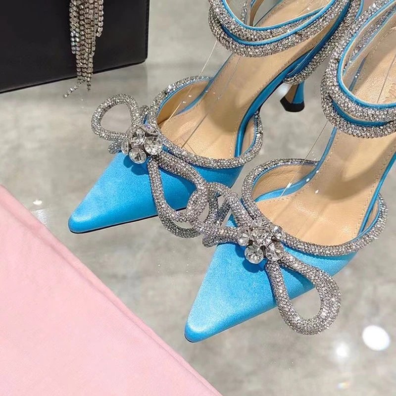 Unbranded High Heels Pointed-Toe Rhinestone Bow Ankle-Strap Stiletto Sandals — Light blue