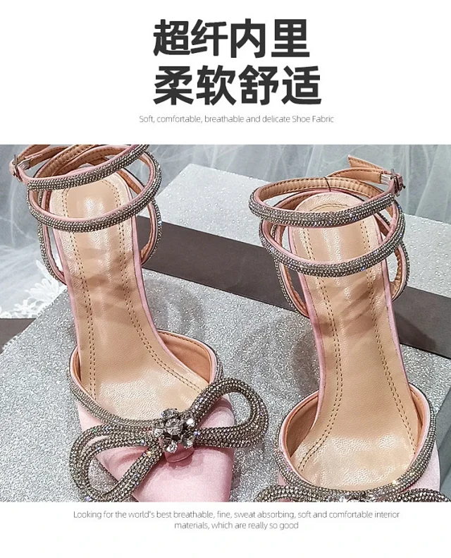 Unbranded High Heels Pointed-Toe Rhinestone Bow Ankle-Strap Stiletto Sandals product detail image 4