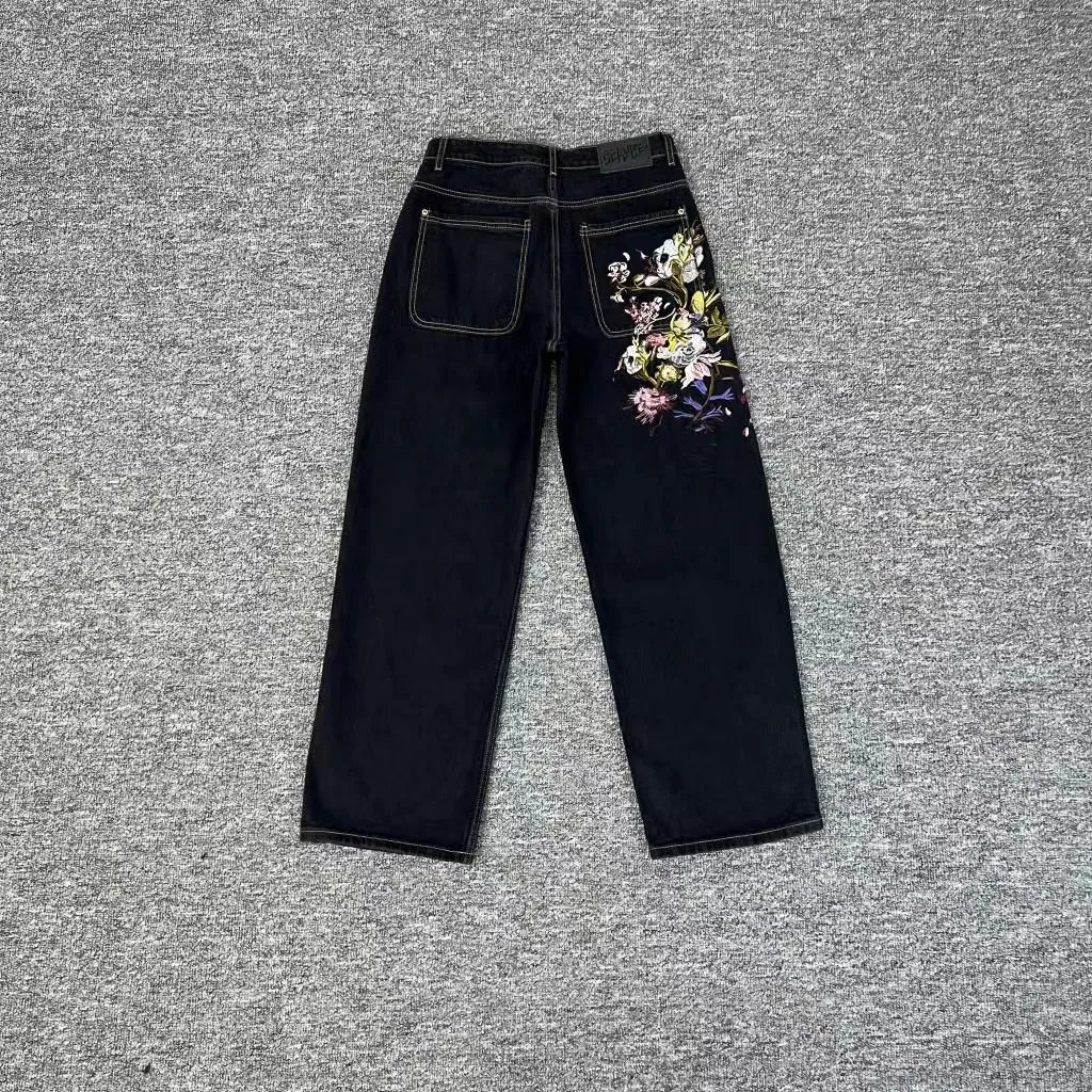 Derschutze Jeans Wide-leg with embroidered graphic back pockets — derj-011 black