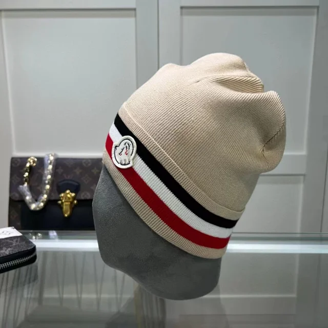 Moncler Hats Knitted beanie with tricolor stripe and logo patch product detail image 9