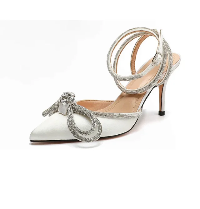 Unbranded High Heels Pointed-Toe Rhinestone Bow Ankle-Strap Stiletto Sandals product detail image 32