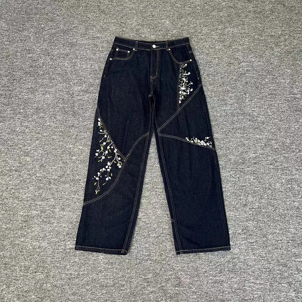 Derschutze Jeans Wide-leg with embroidered graphic back pockets — derj-015 blue