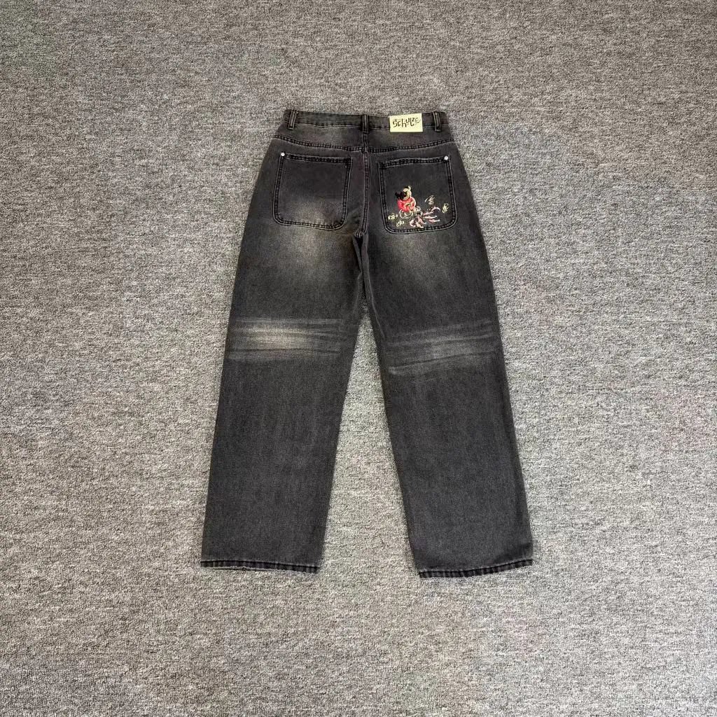 Derschutze Jeans Wide-leg with embroidered graphic back pockets — derj-017 black