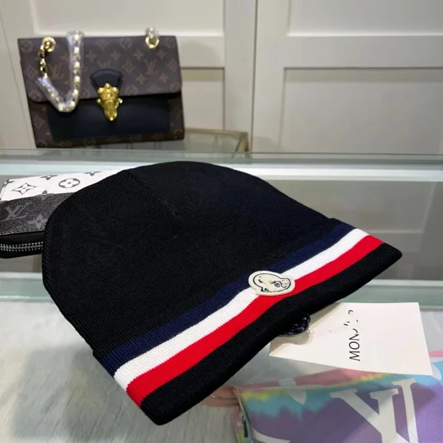 Moncler Hats Knitted beanie with tricolor stripe and logo patch product detail image 13