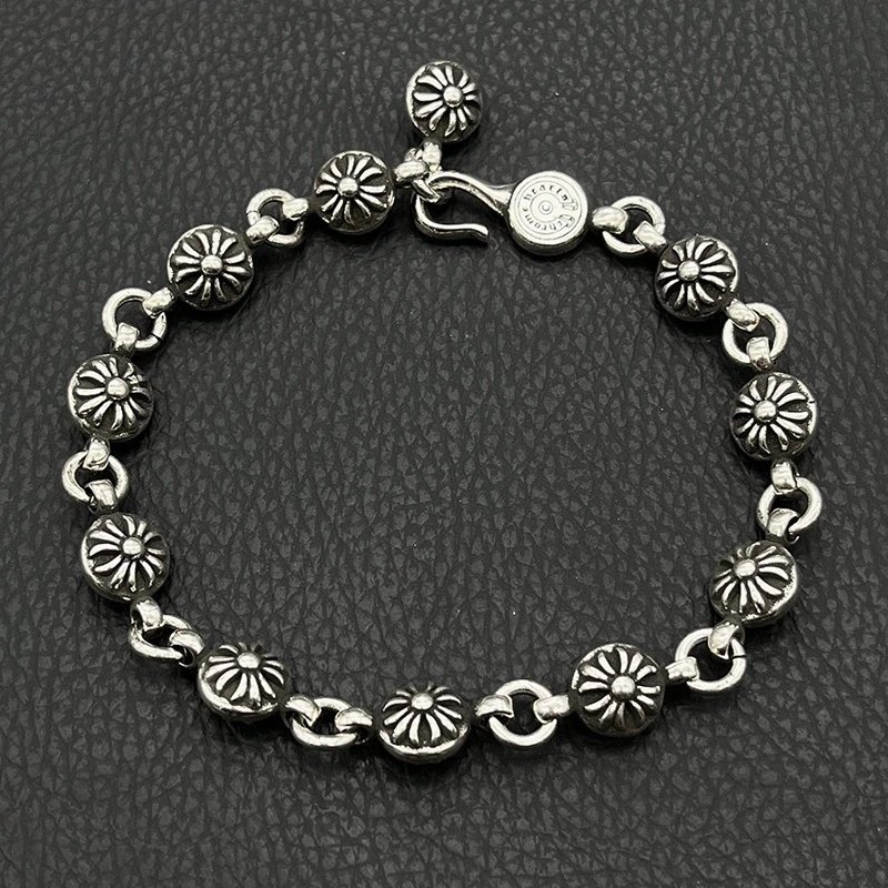 Chrome Hearts Jewelry 925 Silver Chain Bracelet with Cross and Floral Motifs — cruciform ball chain