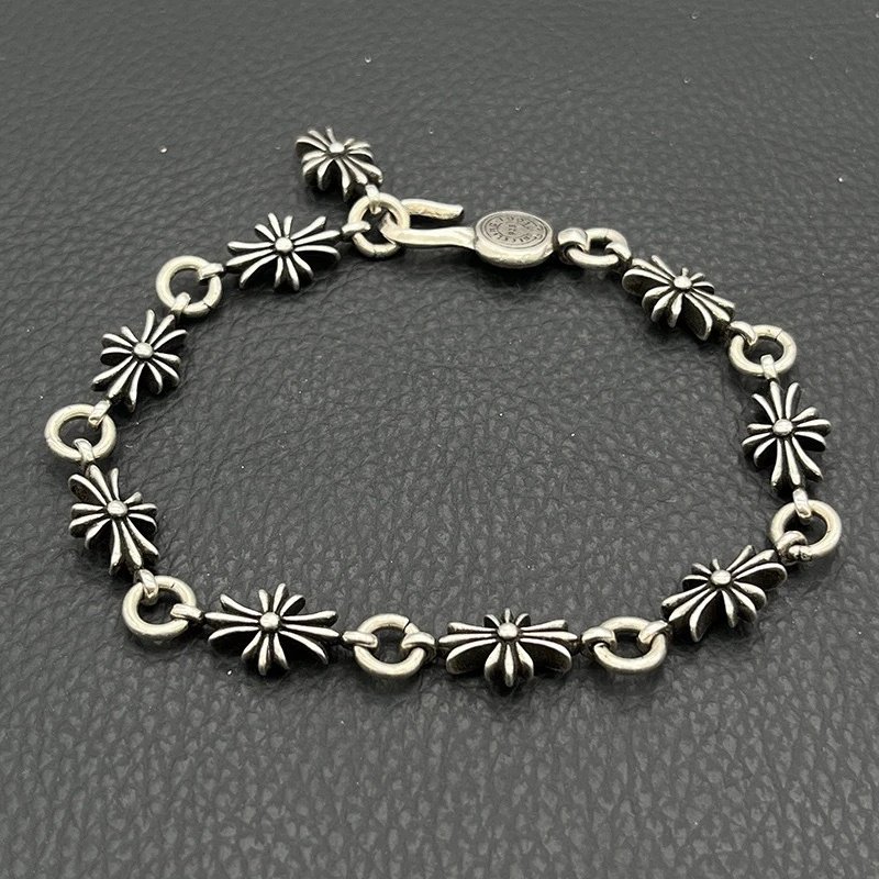 Chrome Hearts Jewelry 925 Silver Chain Bracelet with Cross and Floral Motifs — long cross flower chain