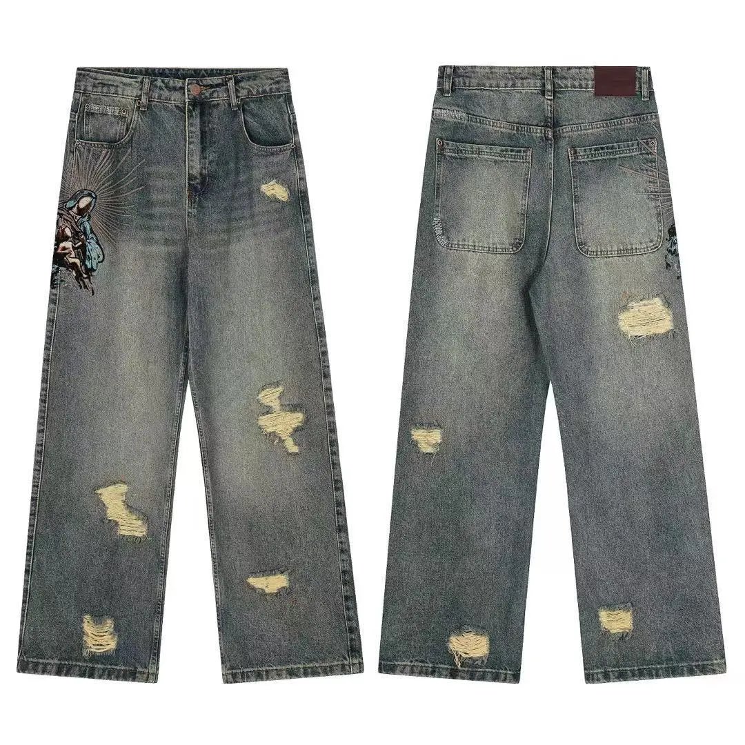Derschutze Jeans Wide-leg with embroidered graphic back pockets — derj-007 blue