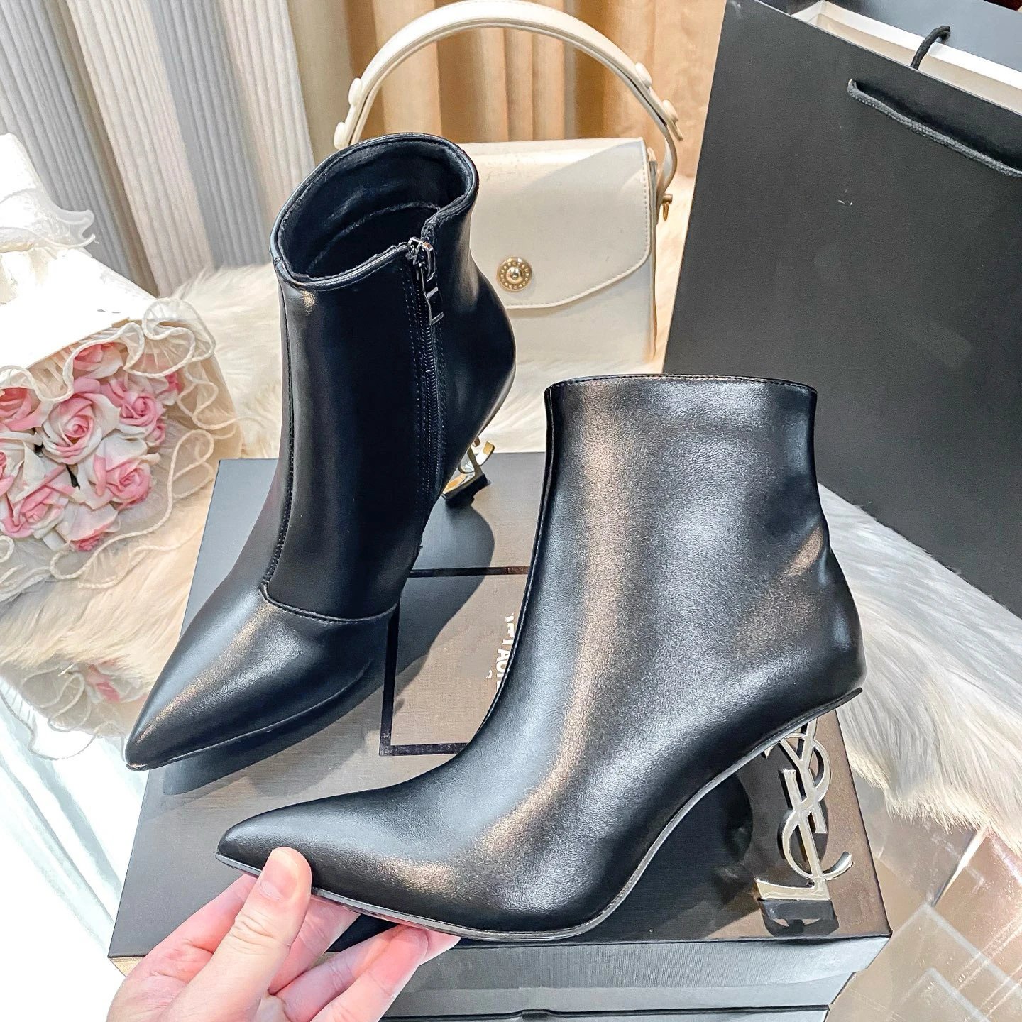 Saint Laurent Boots Pointed-Toe Ankle with Logo Heel — Matte black
