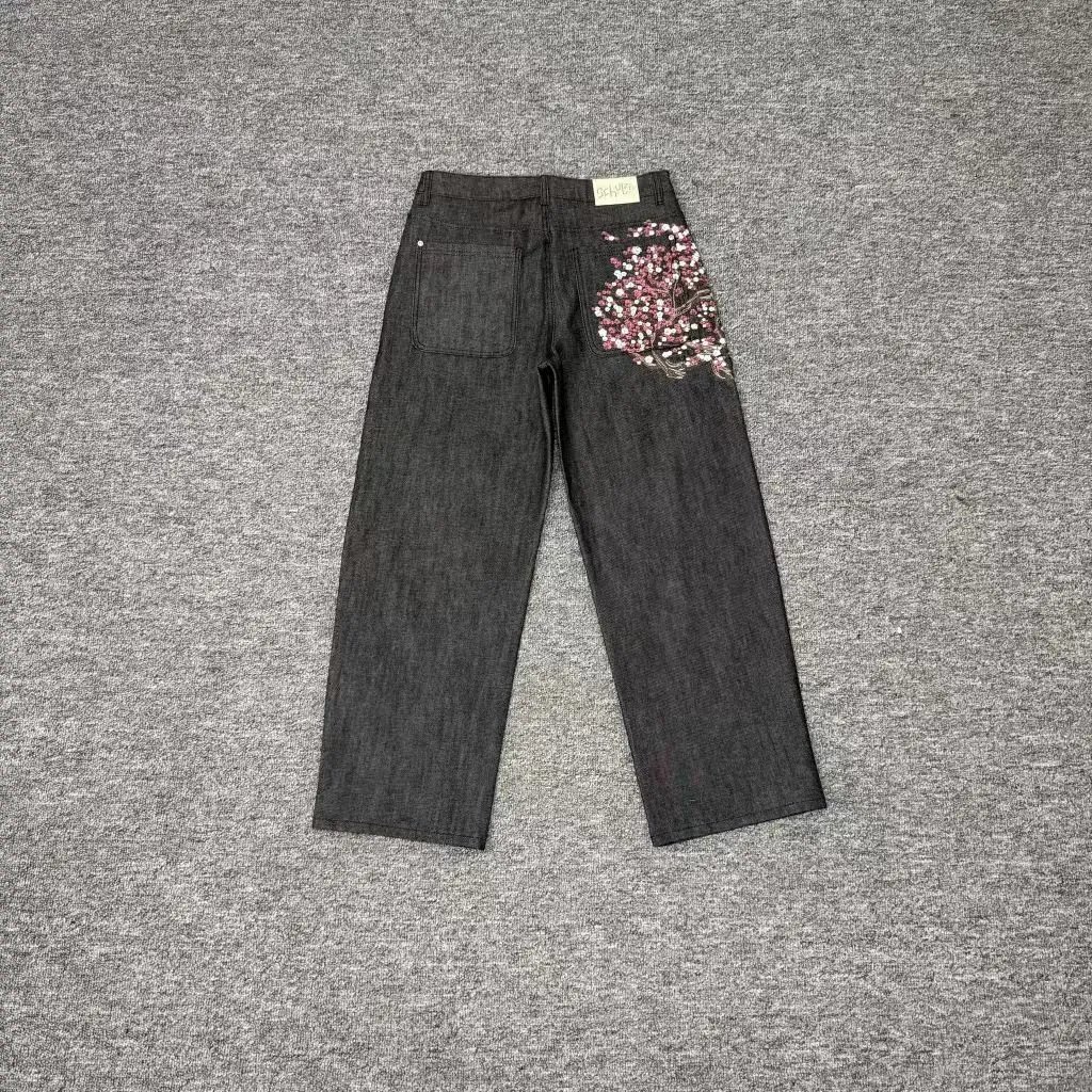 Derschutze Jeans Wide-leg with embroidered graphic back pockets — derj-010 black