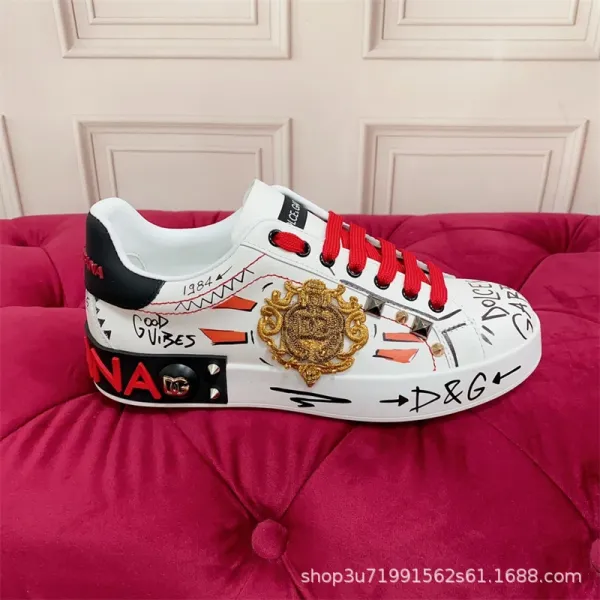 Dolce & Gabbana Sicily Sneakers White Red Gold Embroidered Logo Sneakers - 1