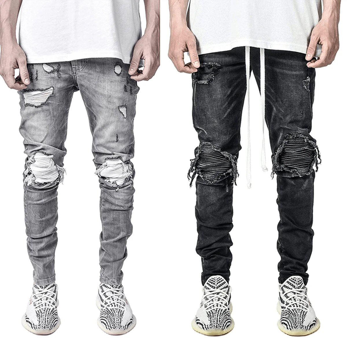 European Station Instagram Trendy Men's Elastic Cowboy Shorts Cross border Foreign Trade Motorcycle Piercing Black Jeans Men