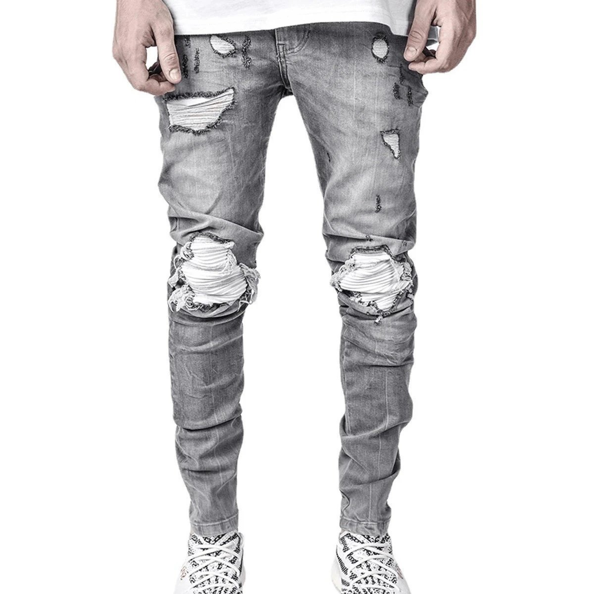 European Style Trendy Men's Stretch Skinny Jeans Cross-border Foreign Trade Moto Ripped Black Denim Pants for Men