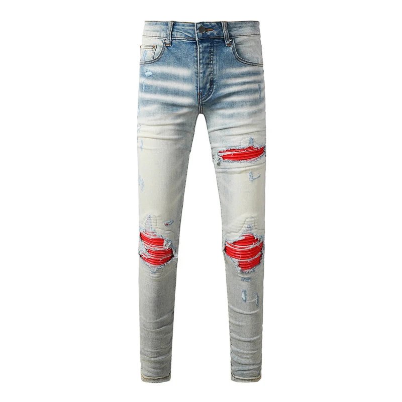 European and American high street fashion men's jeans made of distressed blue, washed with water, punctured, and covered with leather, trendy brand elastic tight fitting small leg pants for men