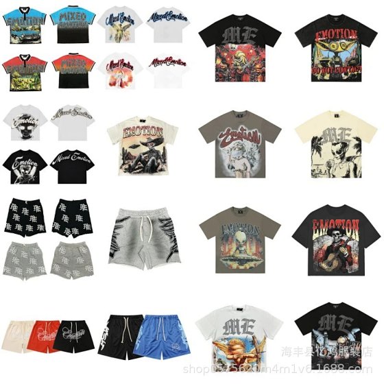 MIXED EMOTION Export Trendy Brand New Embroidered Letter & Rhinestone Loose-Fit Shorts Men Women Couple Short Sleeve T-Shirt