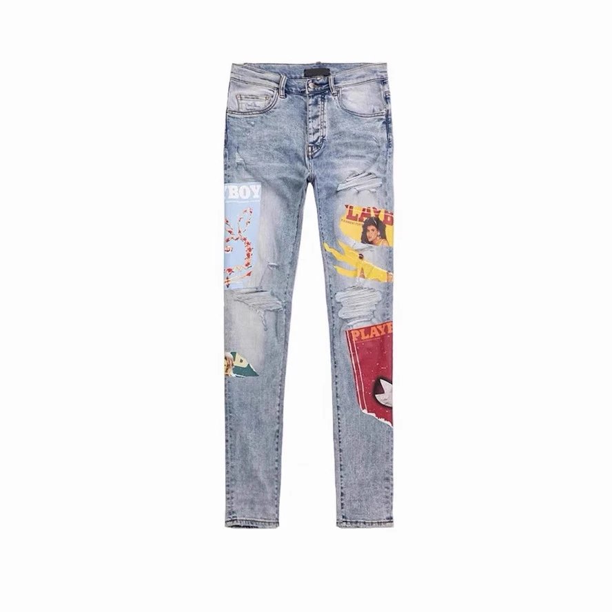 2025 new cross-border AM co-branded light blue digital print pattern jeans light luxury fashion casual pants