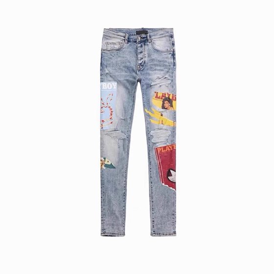 2025 new cross-border AM co-branded light blue digital print pattern jeans light luxury fashion casual pants