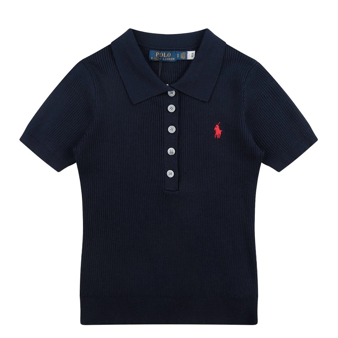 Polo Ralph Lauren T-Shirts Rib-Knit Short-Sleeve Shirt — Navy blue with red label