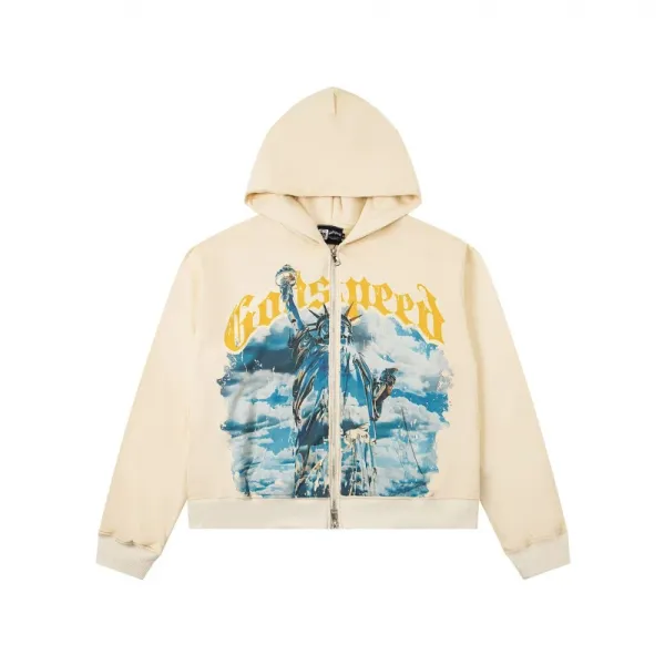 Godspeed Statue of Liberty Graphic Zip-Up Hoodie Beige - 1
