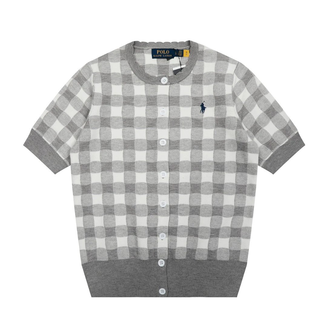 Polo Ralph Lauren Knitwear Short-sleeve gingham knit cardigan with embroidered pony logo — gray
