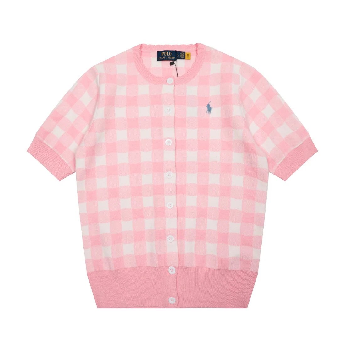 Polo Ralph Lauren Knitwear Short-sleeve gingham knit cardigan with embroidered pony logo — Pink
