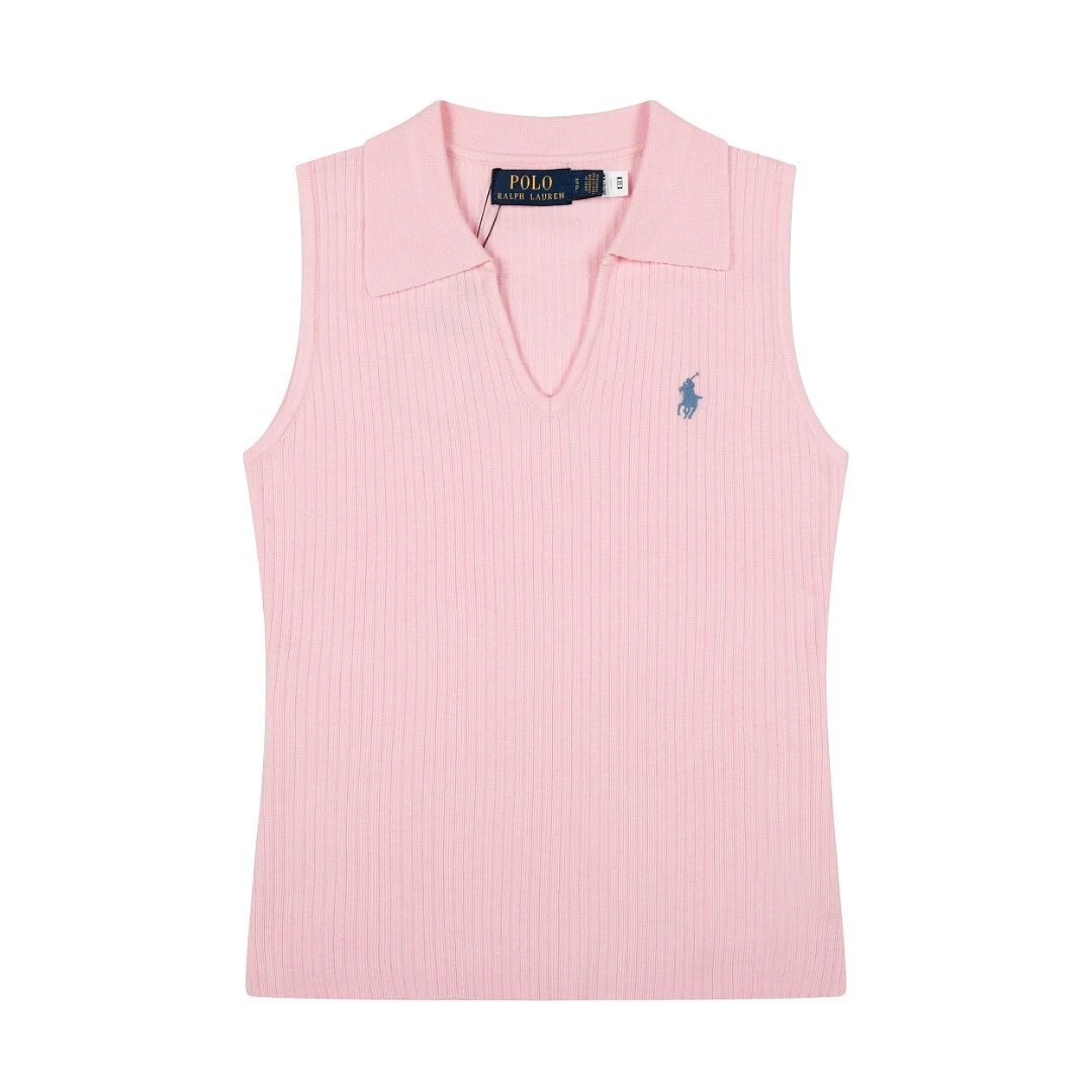 Polo Ralph Lauren Knitwear Rib-Knit Sleeveless Polo-Collar Top — Pink