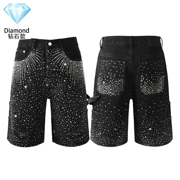 Design Diamond Rhinestone Embellished Black Denim Shorts - 1