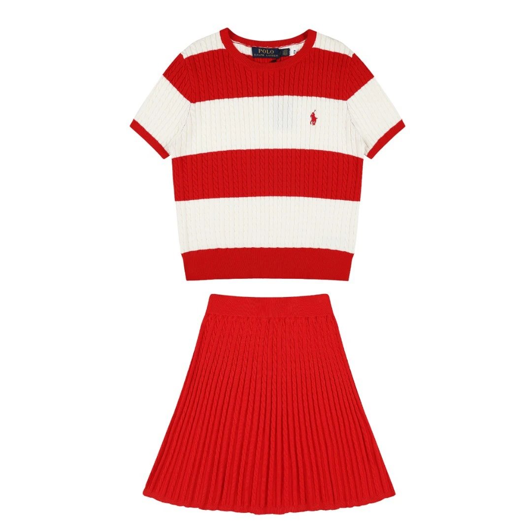 Polo Ralph Lauren Matching Sets Cable-Knit Striped Short-Sleeve Top and Pleated Skirt Set — Red