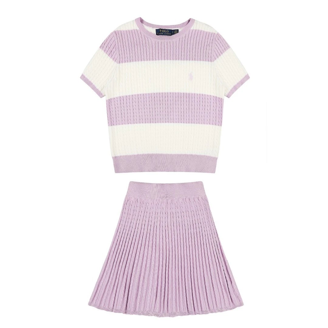 Polo Ralph Lauren Matching Sets Cable-Knit Striped Short-Sleeve Top and Pleated Skirt Set — purple