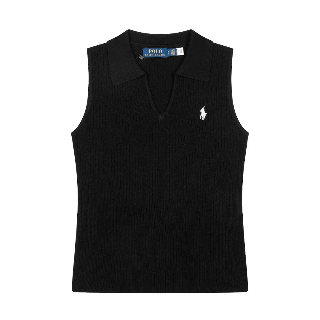 Polo Ralph Lauren Knitwear Rib-Knit Sleeveless Polo-Collar Top — Black