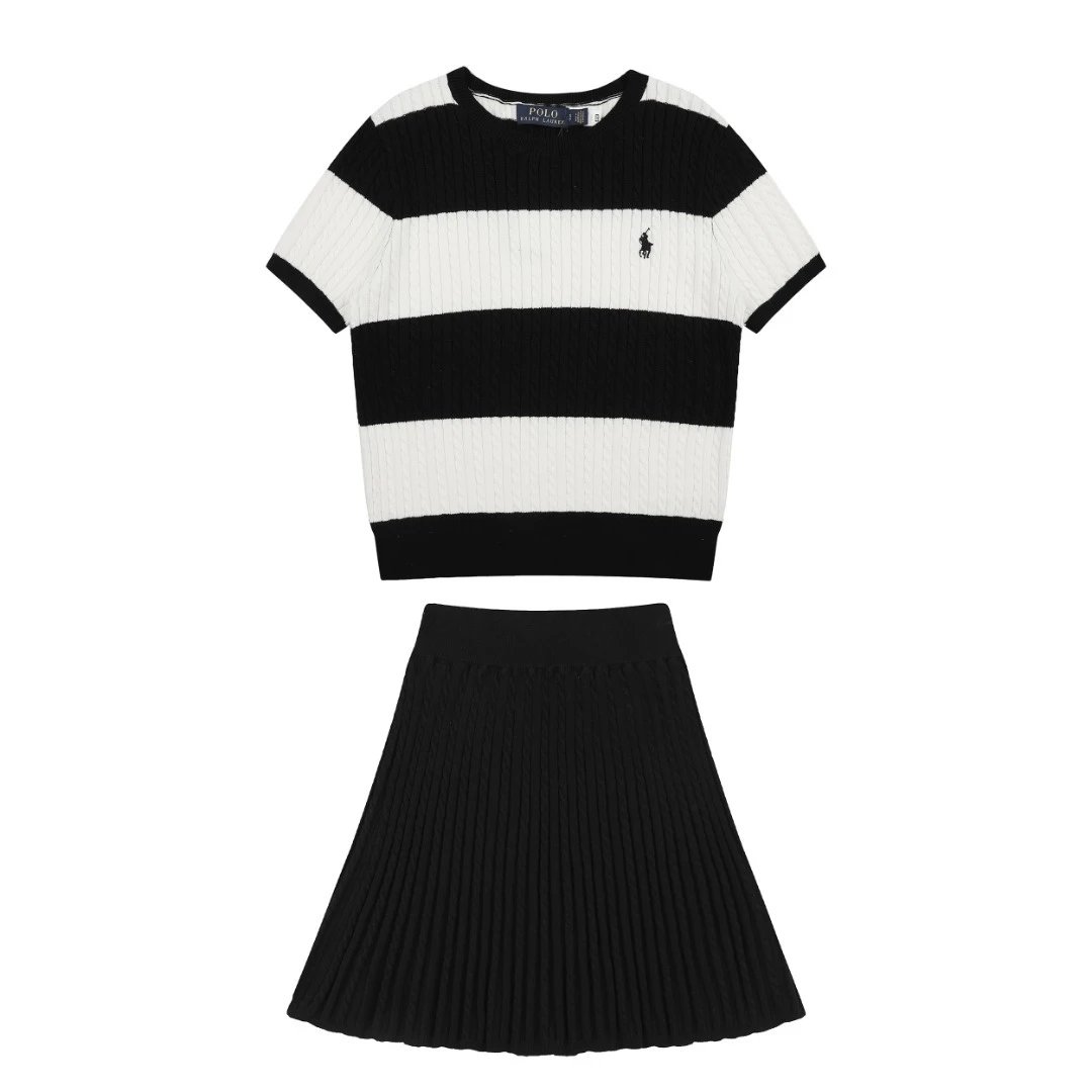 Polo Ralph Lauren Matching Sets Cable-Knit Striped Short-Sleeve Top and Pleated Skirt Set — Black