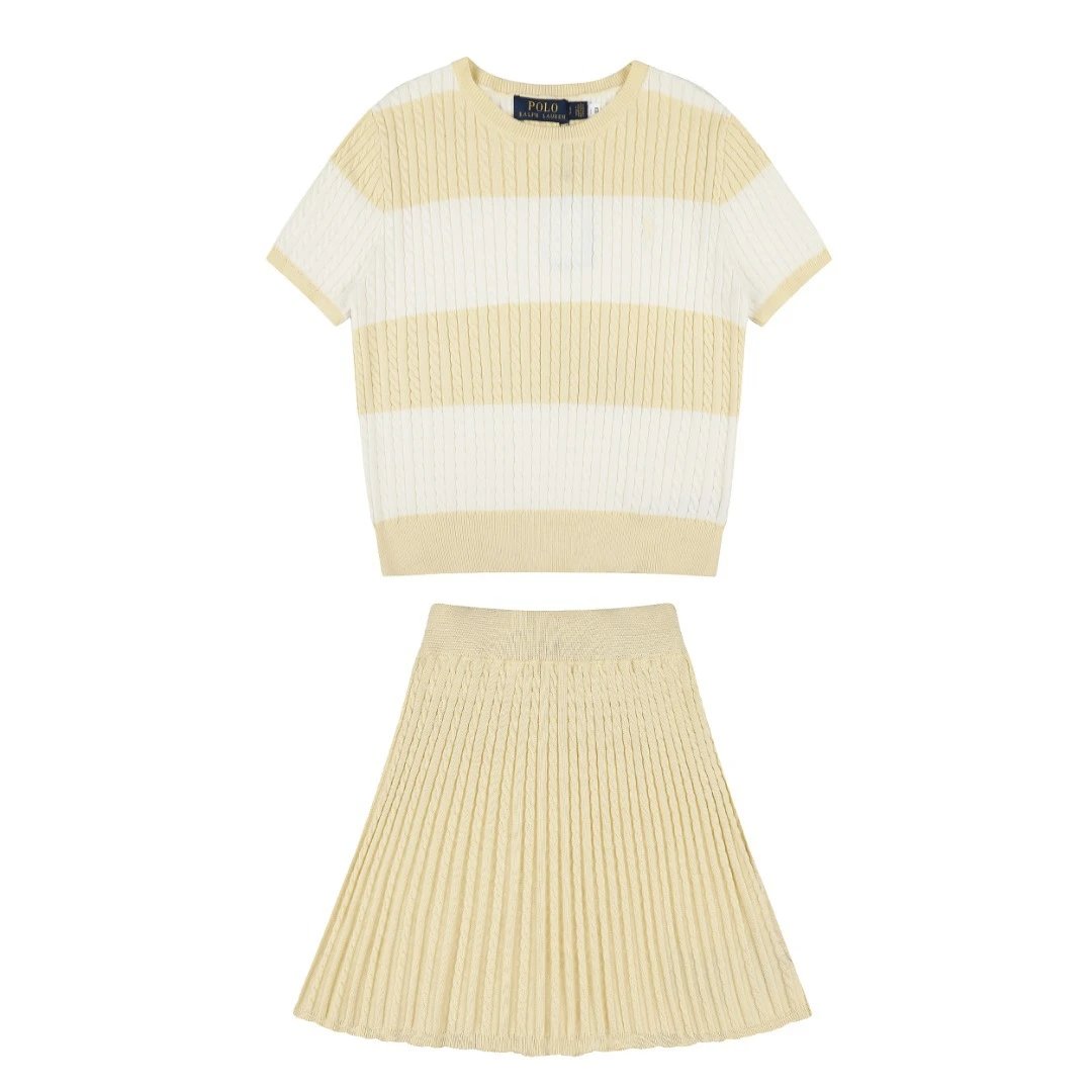 Polo Ralph Lauren Matching Sets Cable-Knit Striped Short-Sleeve Top and Pleated Skirt Set — Milky apricot
