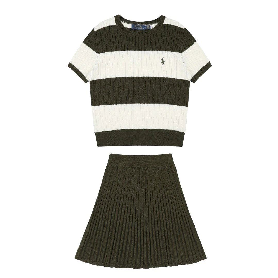 Polo Ralph Lauren Matching Sets Cable-Knit Striped Short-Sleeve Top and Pleated Skirt Set — Olive green